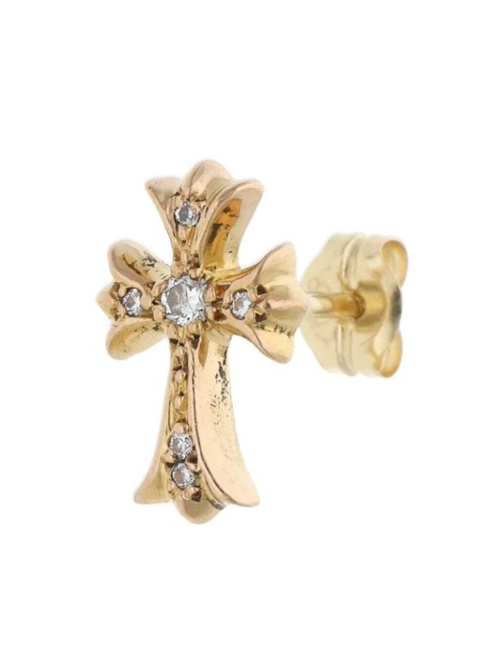 Chrome Hearts 22K CH Cross 2 Fat Stud Earrings Pave Diamond Gold